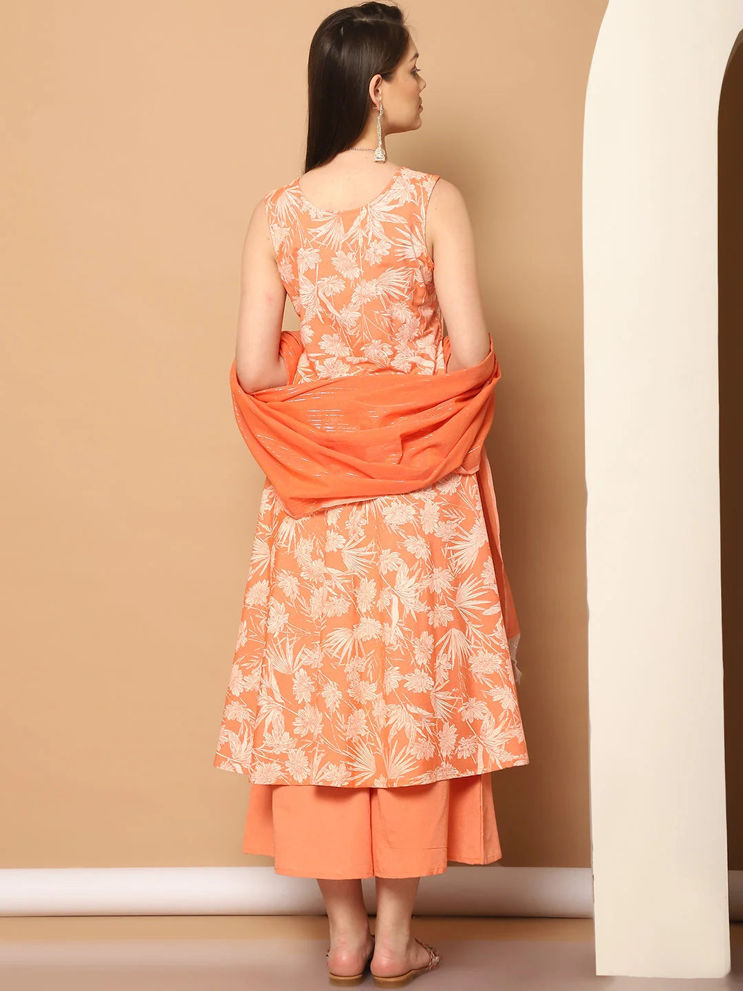 Orange Printed Anarkali Kurta, Palazzos & Dupatta Set