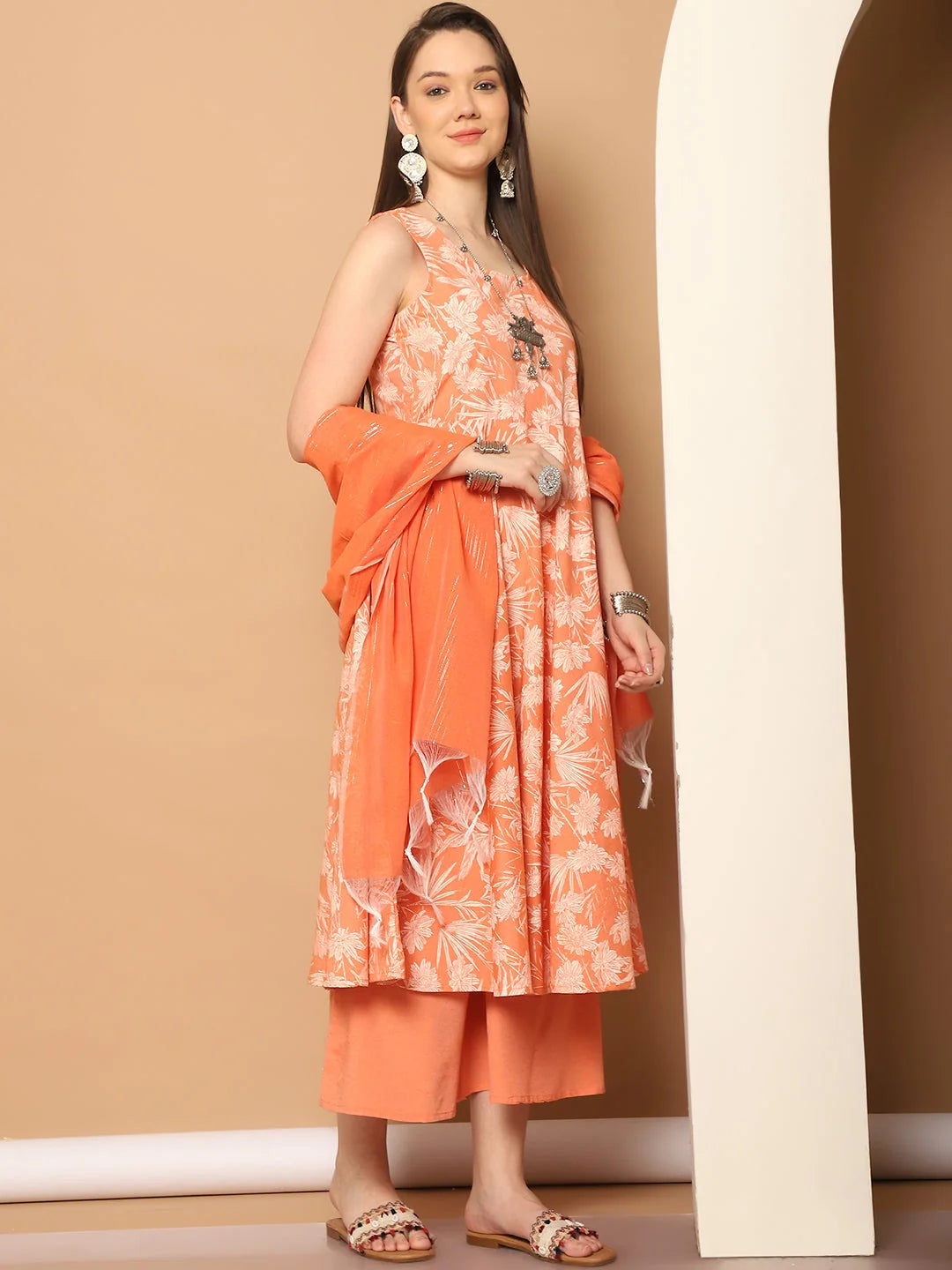 Orange Printed Anarkali Kurta, Palazzos & Dupatta Set