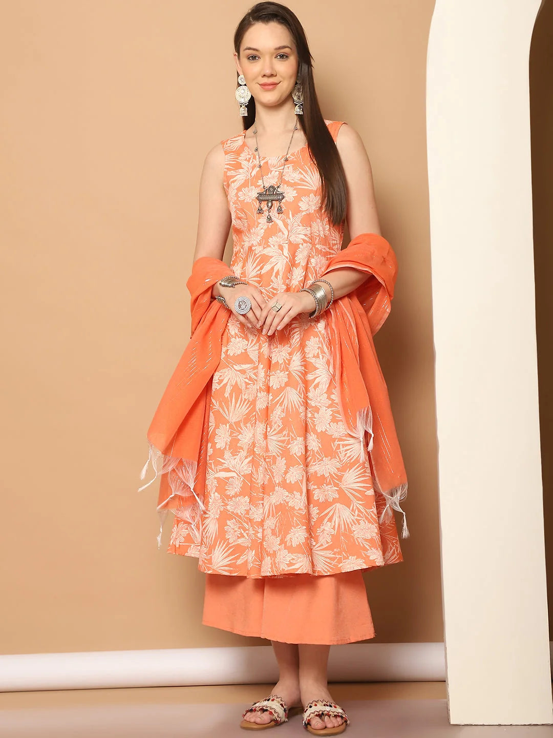 Orange Printed Anarkali Kurta, Palazzos & Dupatta Set