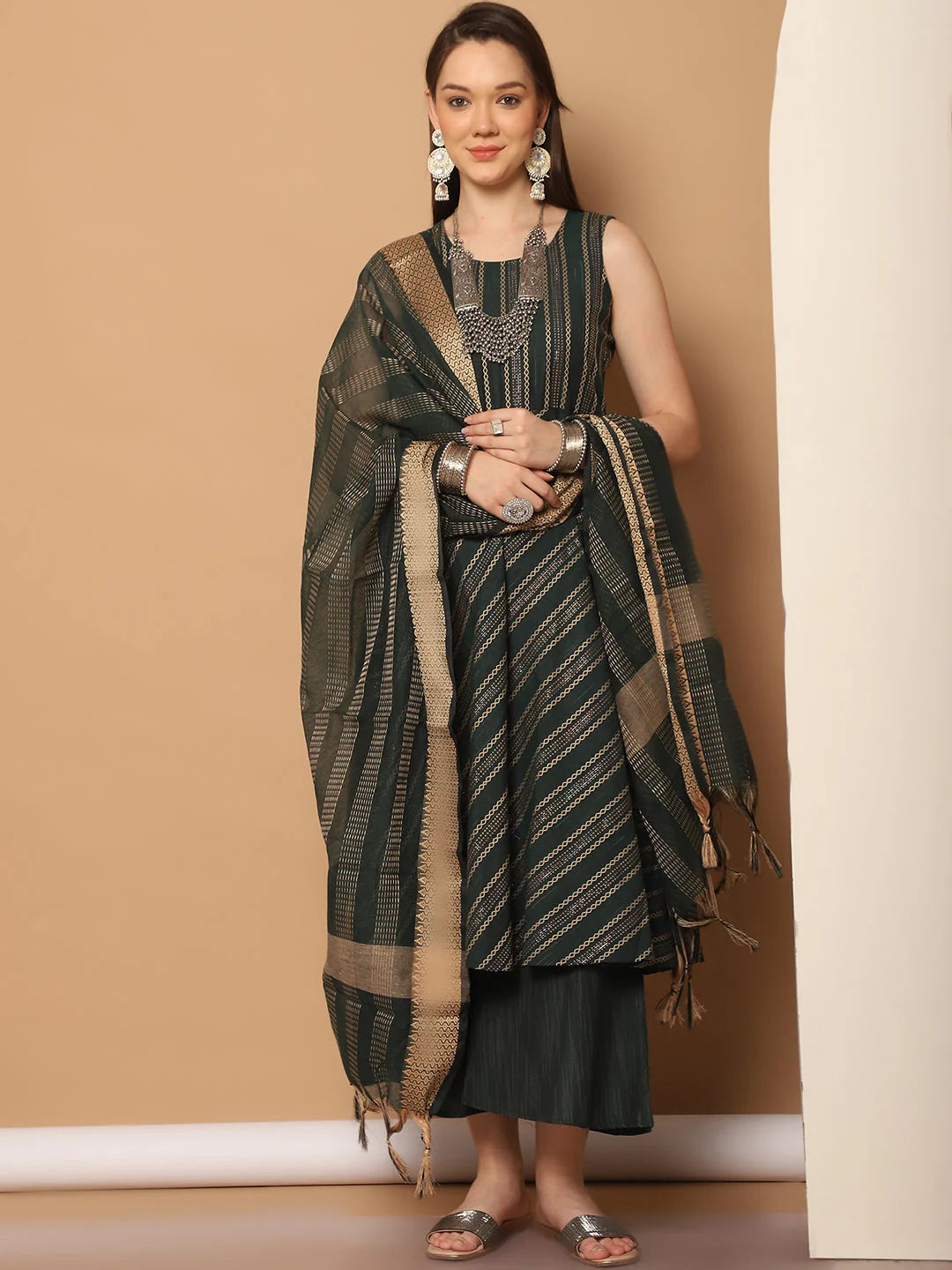 Olive Green Anarkali Kurta Set | Cotton Blend, Woven Design