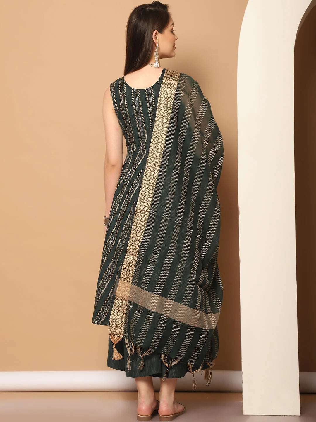 Olive Green Anarkali Kurta Set | Cotton Blend, Woven Design