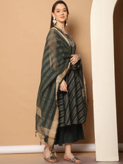 Women Olive Green Woven Design Kantha Work Kurta with Palazzos & With Dupatta ( JOKPL D56O 1554 Olive )-JOKPL-D56O