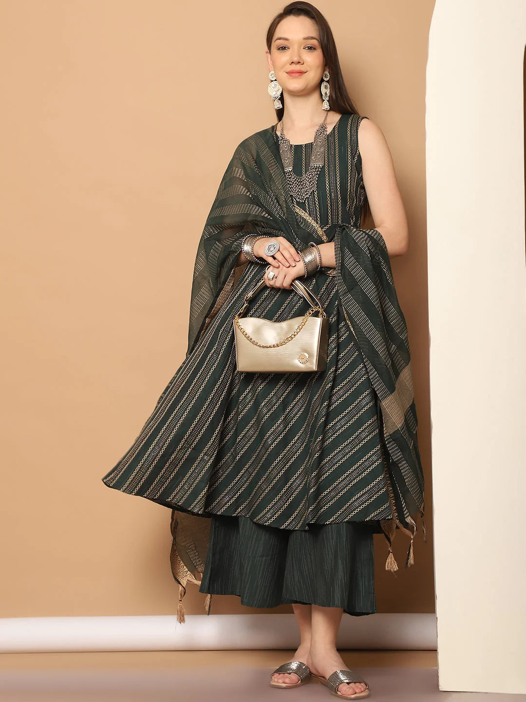 Women Olive Green Woven Design Kantha Work Kurta with Palazzos & With Dupatta ( JOKPL D56O 1554 Olive )-JOKPL-D56O