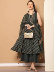 Women Olive Green Woven Design Kantha Work Kurta with Palazzos & With Dupatta ( JOKPL D56O 1554 Olive )-JOKPL-D56O