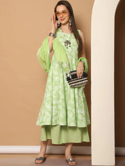 Printed green flared kurta pallazos dupatta set ( JOKPL D56P 1546 Pista )-JOKPL-D56P