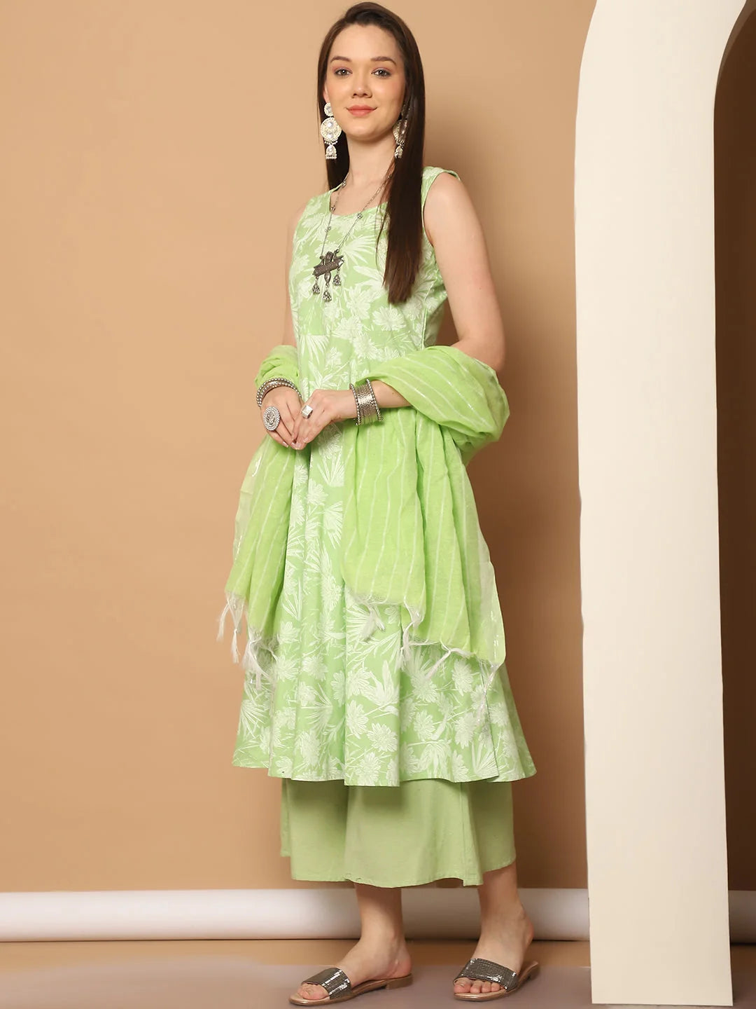 Green Printed Anarkali Kurta, Palazzos & Dupatta Set