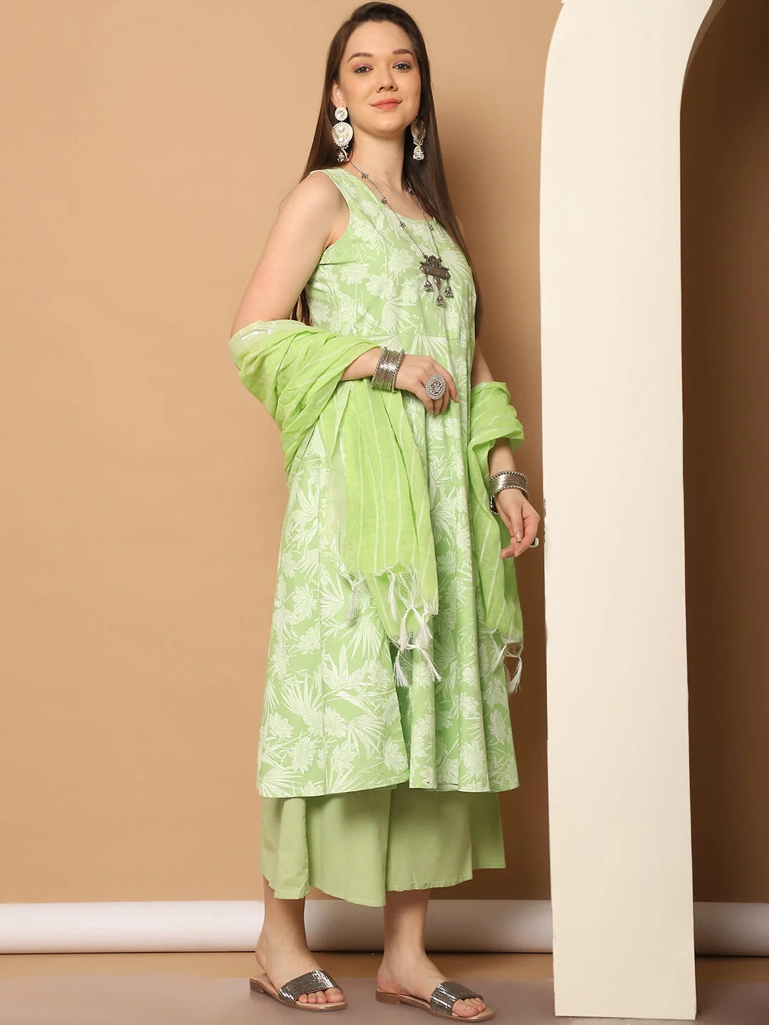 Green Printed Anarkali Kurta, Palazzos & Dupatta Set
