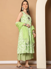 Printed green flared kurta pallazos dupatta set ( JOKPL D56P 1546 Pista )-JOKPL-D56P