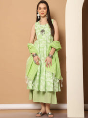 Printed green flared kurta pallazos dupatta set ( JOKPL D56P 1546 Pista )-JOKPL-D56P