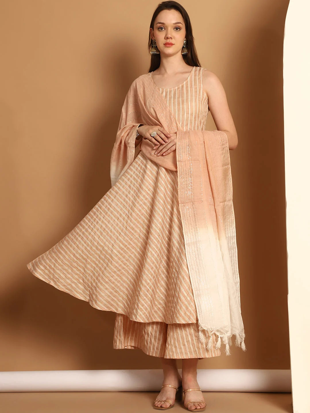 Brown Woven Anarkali Kurta Set with Palazzos & Dupatta