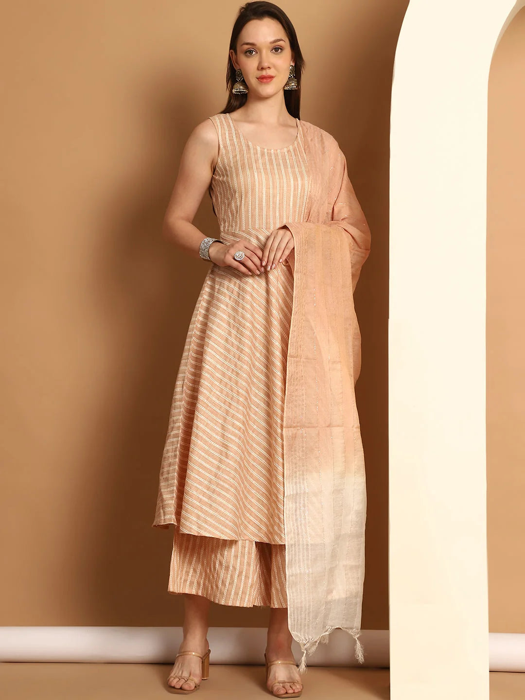 Brown Woven Anarkali Kurta Set with Palazzos & Dupatta
