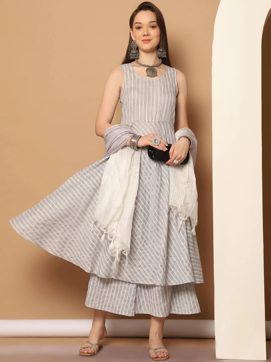 Women Grey Woven Design Flared Kurta with Palazzos & With Dupatta ( JOKPL D59GR 1553 Grey )-JOKPL-D59GR