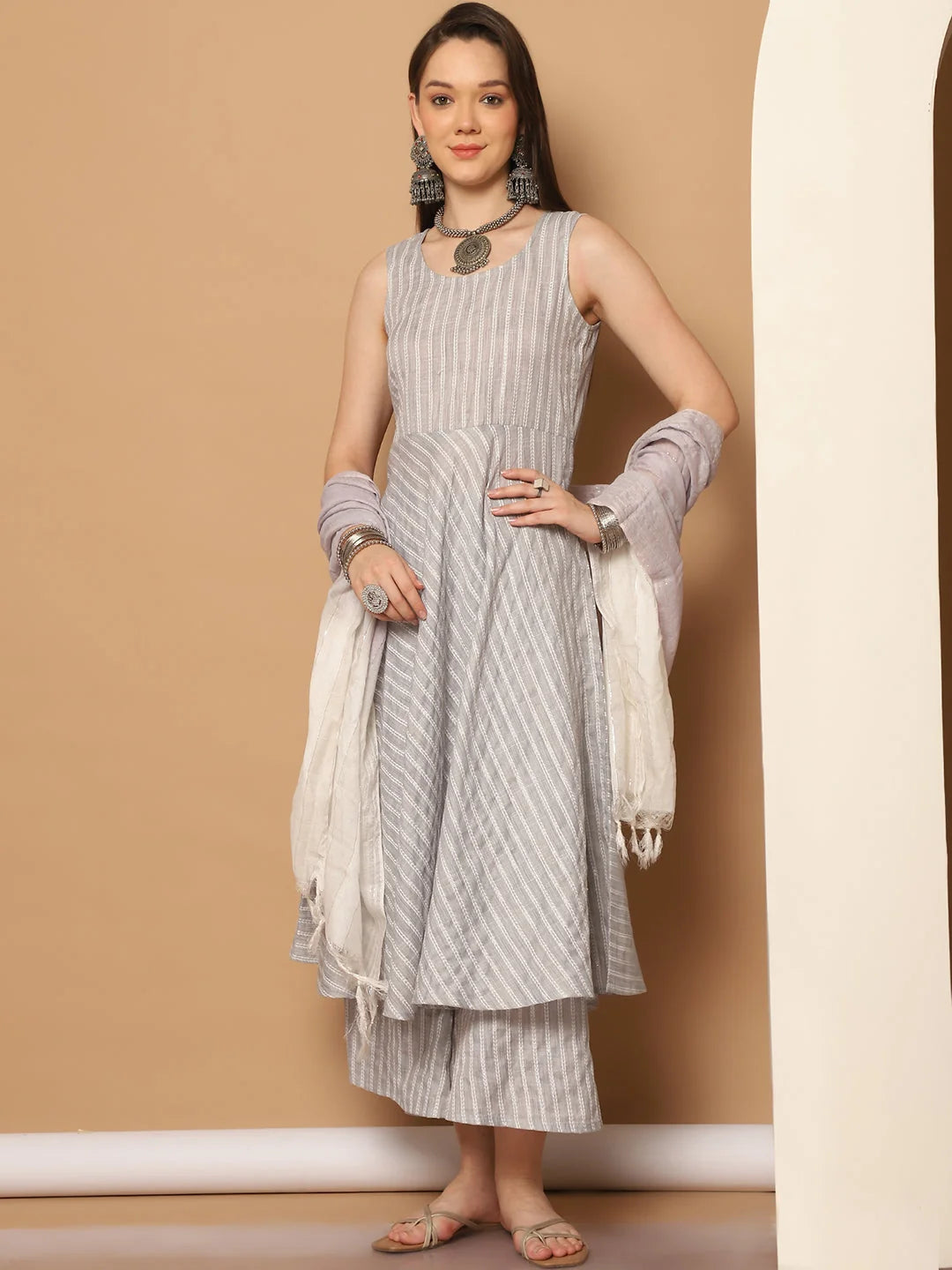 Grey Flared Anarkali Kurta Set for Women | Woven Design