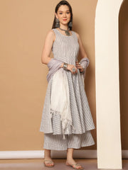 Women Grey Woven Design Flared Kurta with Palazzos & With Dupatta ( JOKPL D59GR 1553 Grey )-JOKPL-D59GR