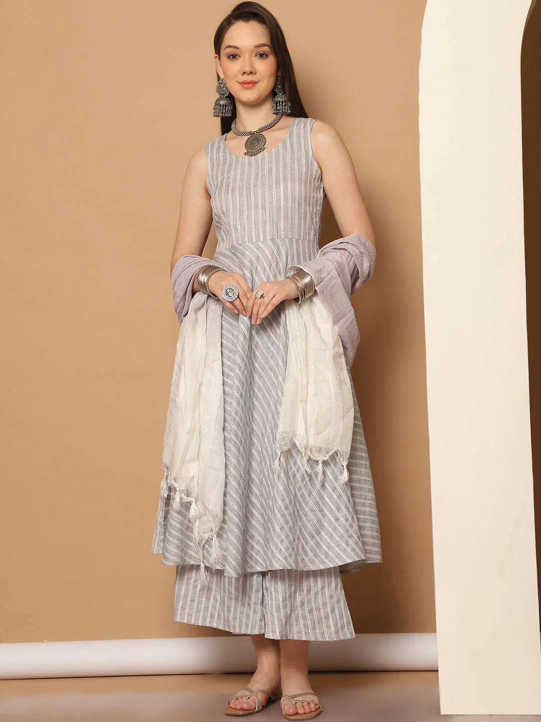 Grey Flared Anarkali Kurta Set for Women | Woven Design