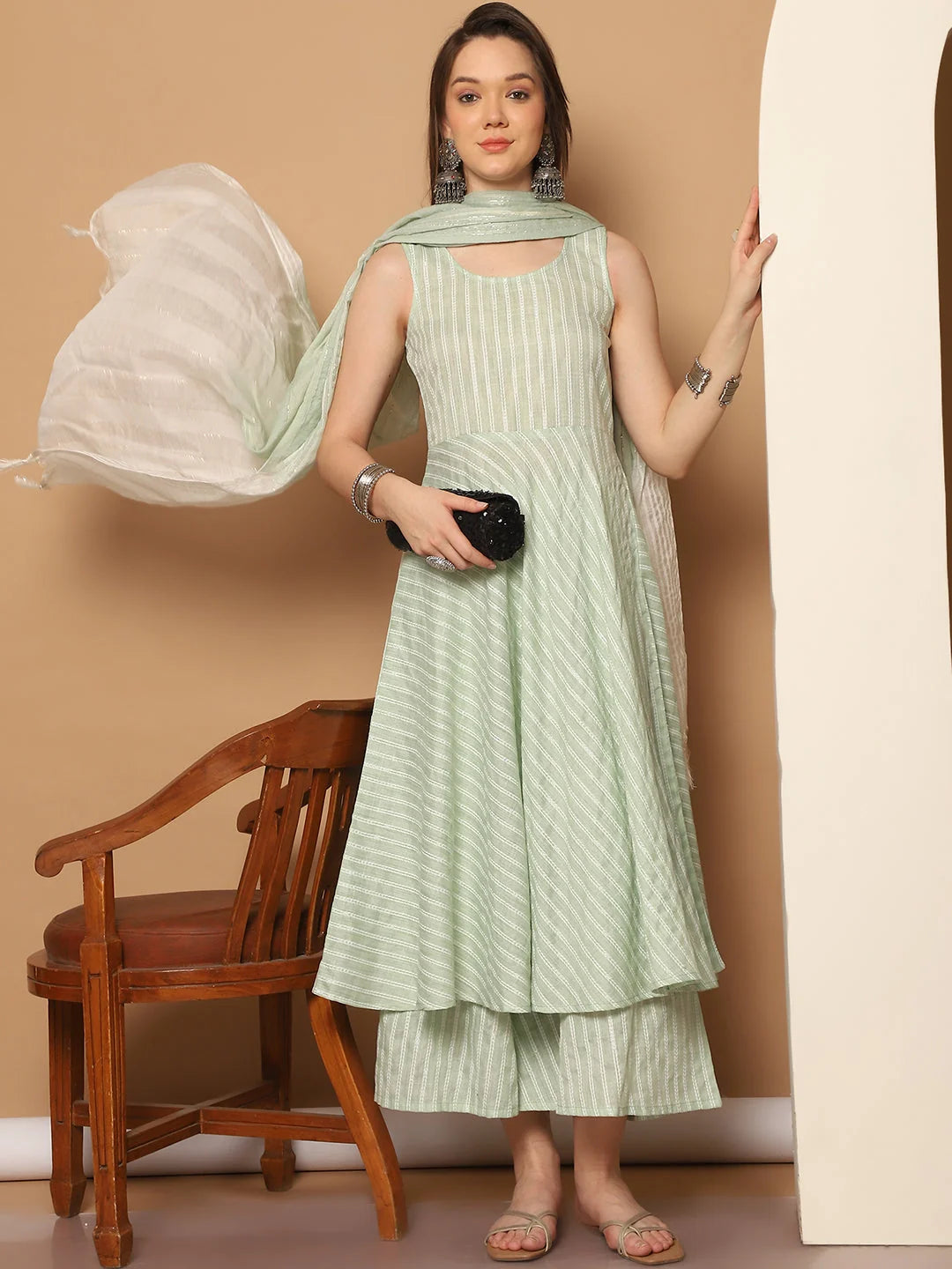 Women Green Woven Design Flared Kurta with Palazzos & With Dupatta ( JOKPL D59G 1553 Green )-JOKPL-D59G