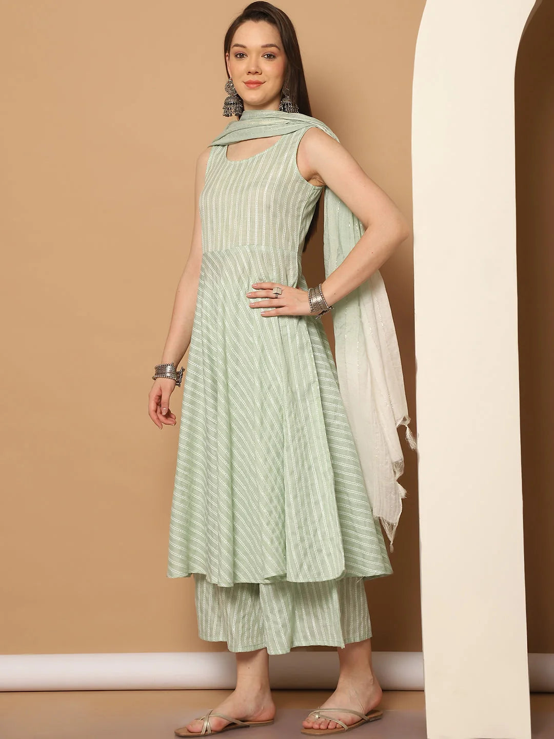 Green Flared Anarkali Kurta Set for Women | Woven Cotton Blend