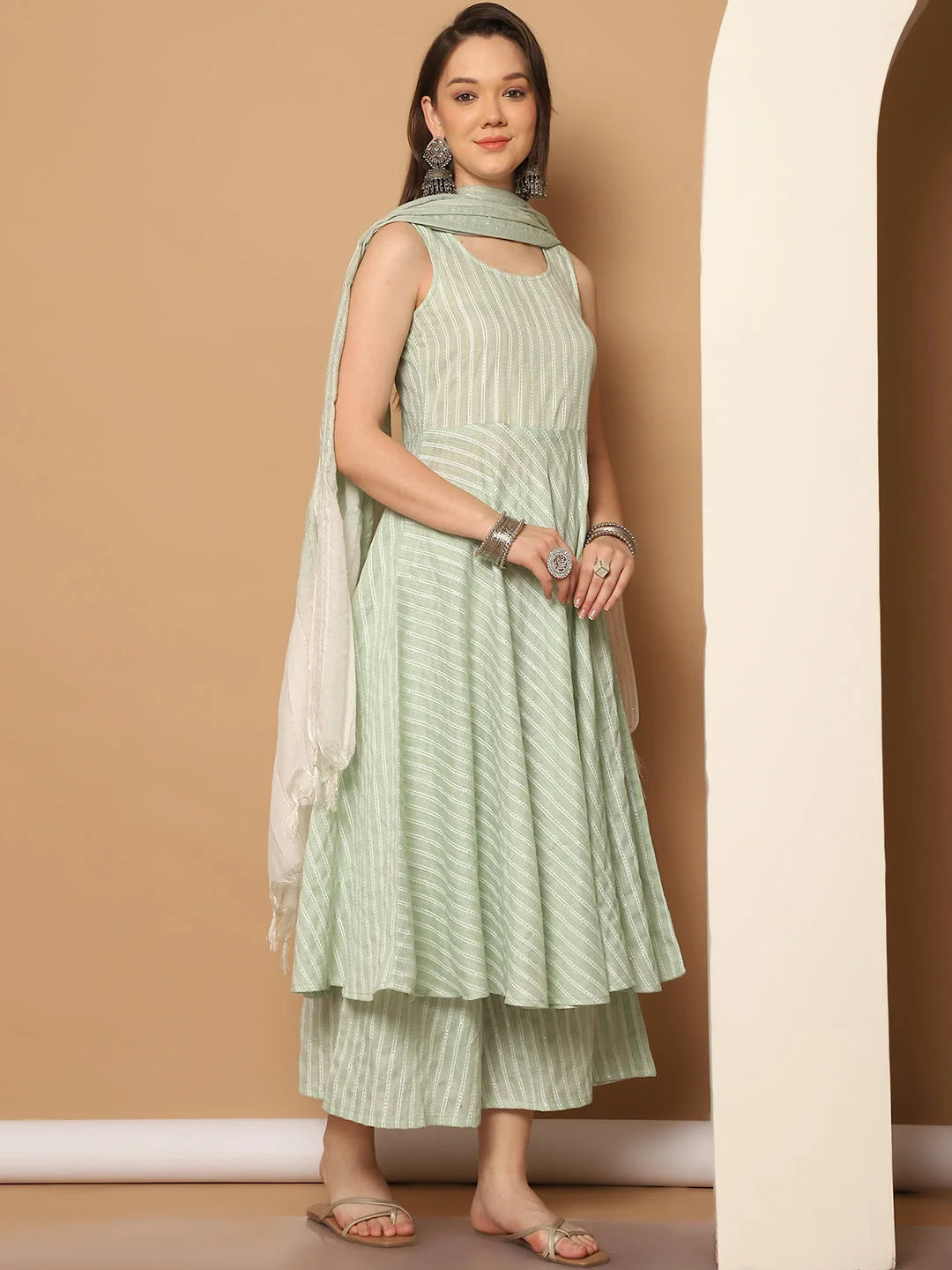 Green Flared Anarkali Kurta Set for Women | Woven Cotton Blend