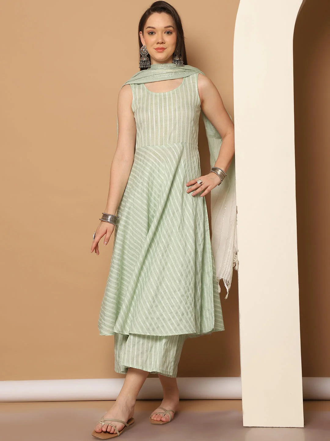 Green Flared Anarkali Kurta Set for Women | Woven Cotton Blend