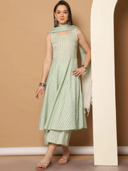 Women Green Woven Design Flared Kurta with Palazzos & With Dupatta ( JOKPL D59G 1553 Green )-JOKPL-D59G