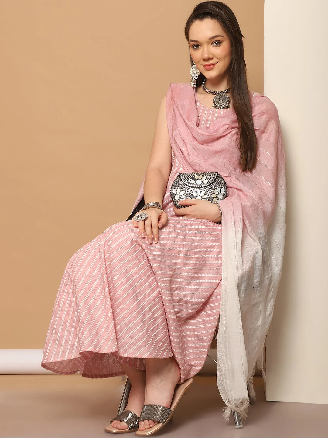 Pink Woven Anarkali Kurta Set with Palazzos & Dupatta