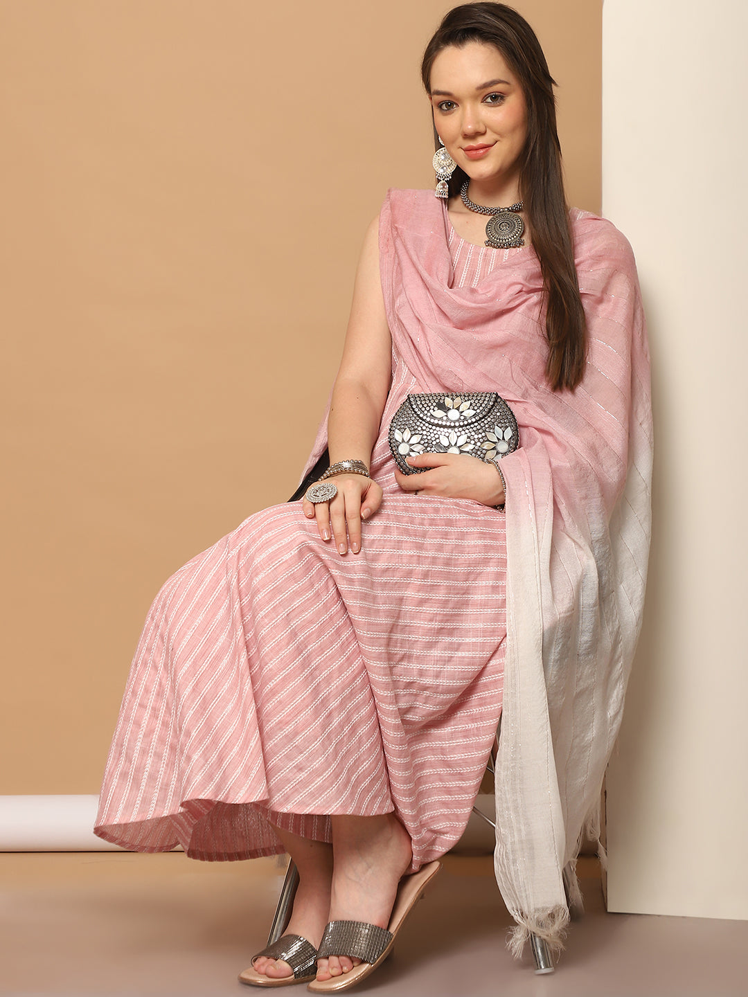 Pink Woven Anarkali Kurta Set with Palazzos & Dupatta