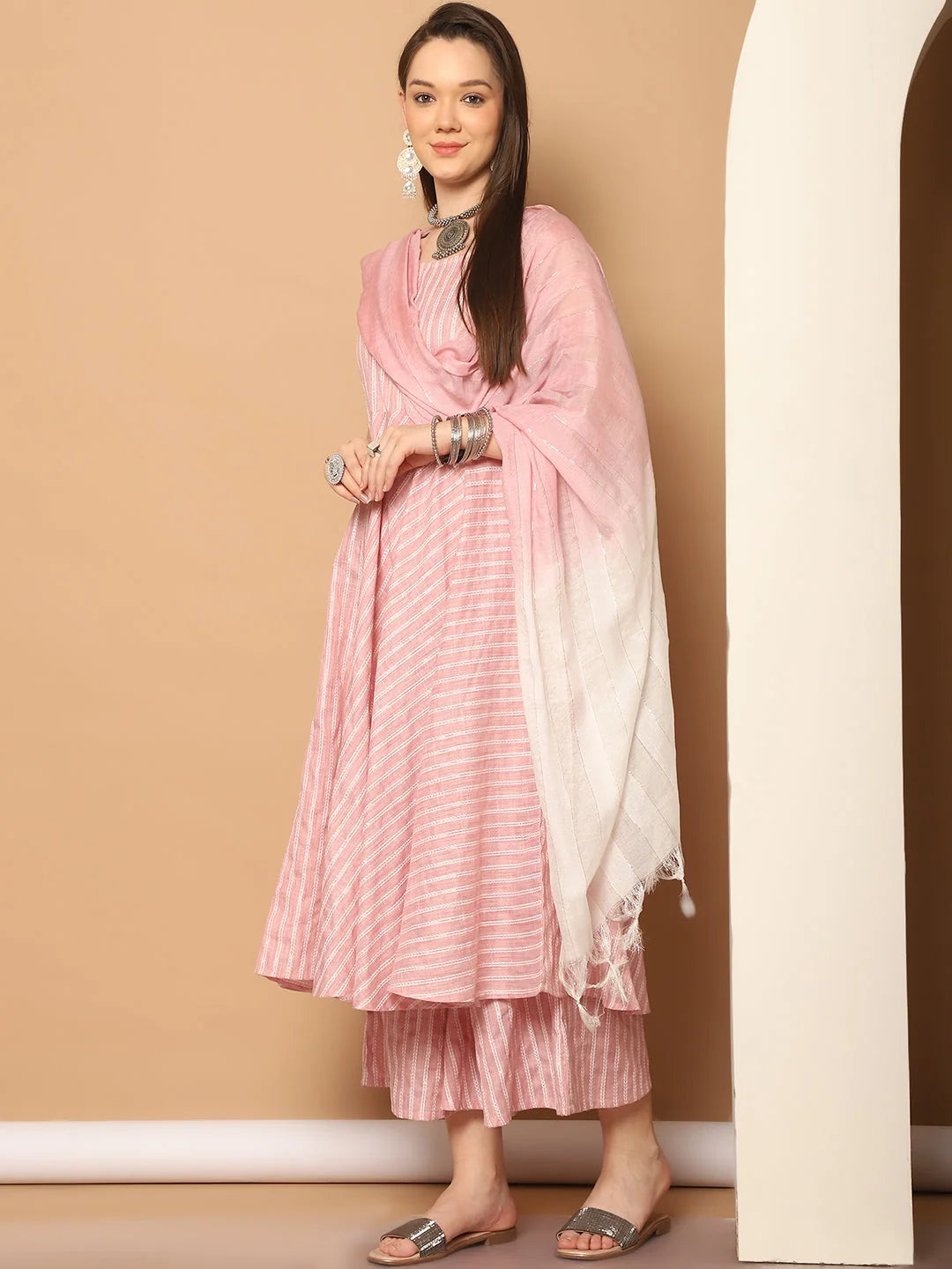 Pink Woven Anarkali Kurta Set with Palazzos & Dupatta