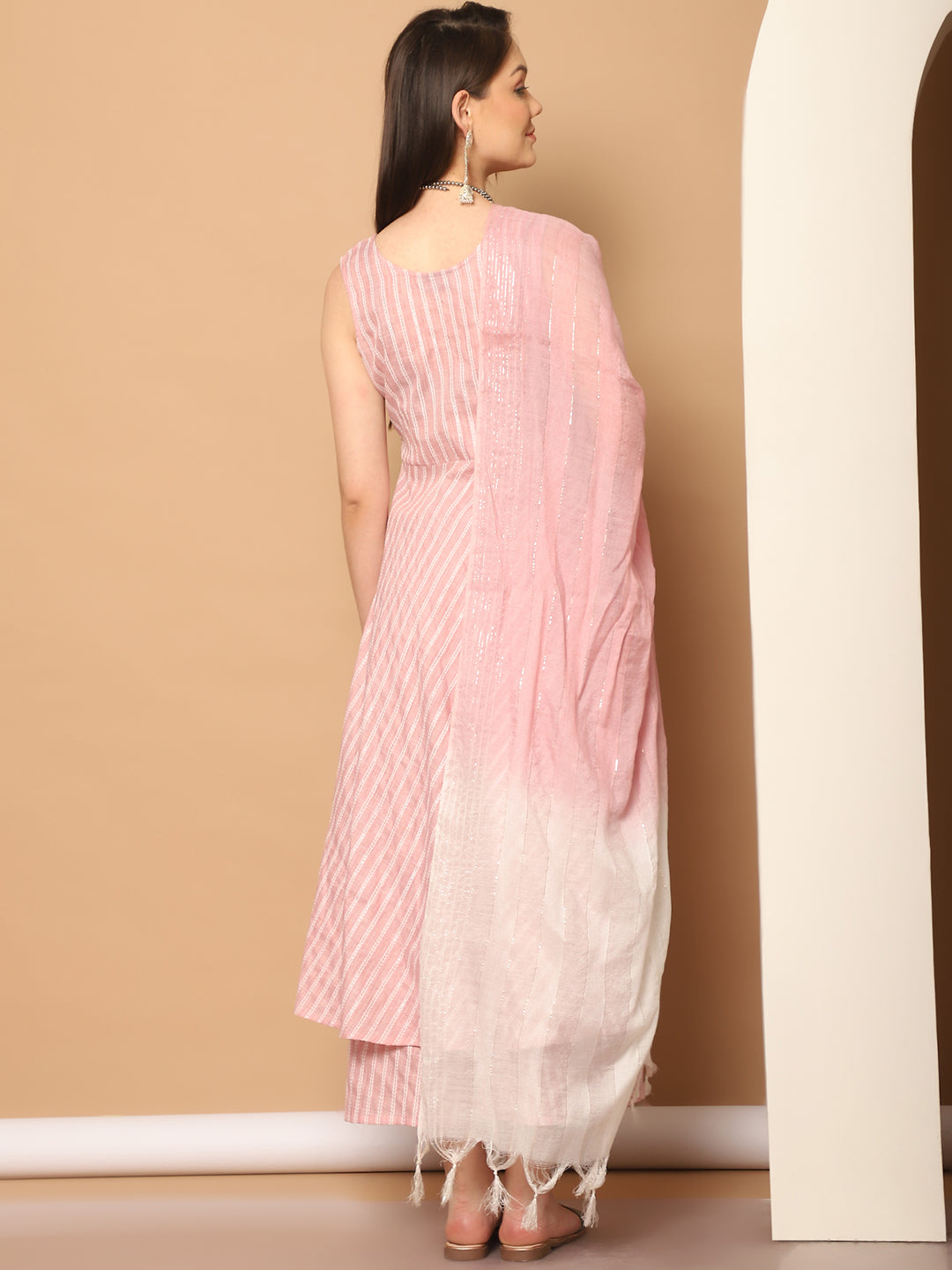 Pink Woven Anarkali Kurta Set with Palazzos & Dupatta