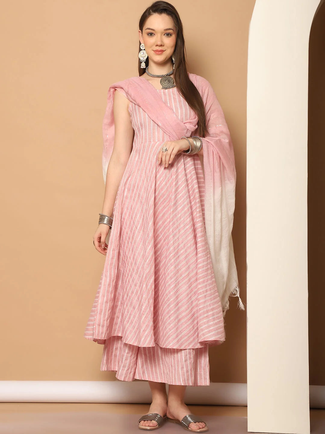 Pink Woven Anarkali Kurta Set with Palazzos & Dupatta