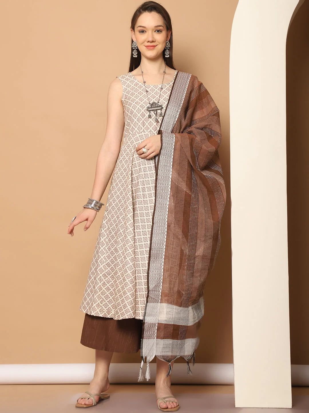 Brown Printed Anarkali Kurta Set with Kantha Dupatta