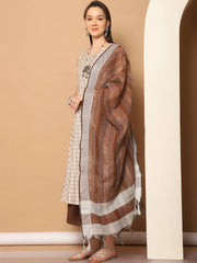 Women Brown Printed Kurta with Palazzos & With Kantha Work Dupatta ( JOKPL D61BR 1557 Brown )-JOKPL-D61BR
