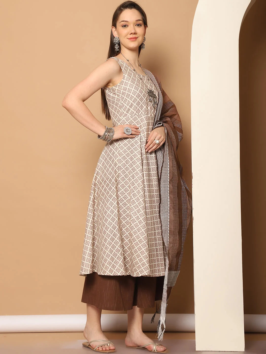 Brown Printed Anarkali Kurta Set with Kantha Dupatta