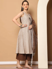 Women Brown Printed Kurta with Palazzos & With Kantha Work Dupatta ( JOKPL D61BR 1557 Brown )-JOKPL-D61BR