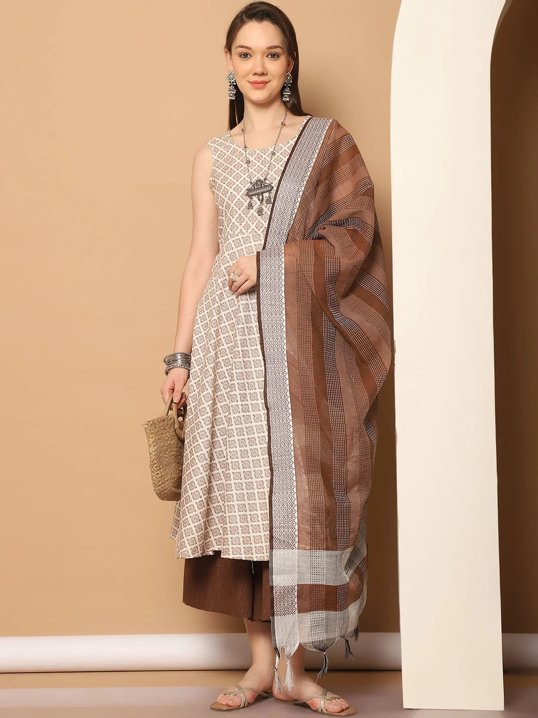 Brown Printed Anarkali Kurta Set with Kantha Dupatta