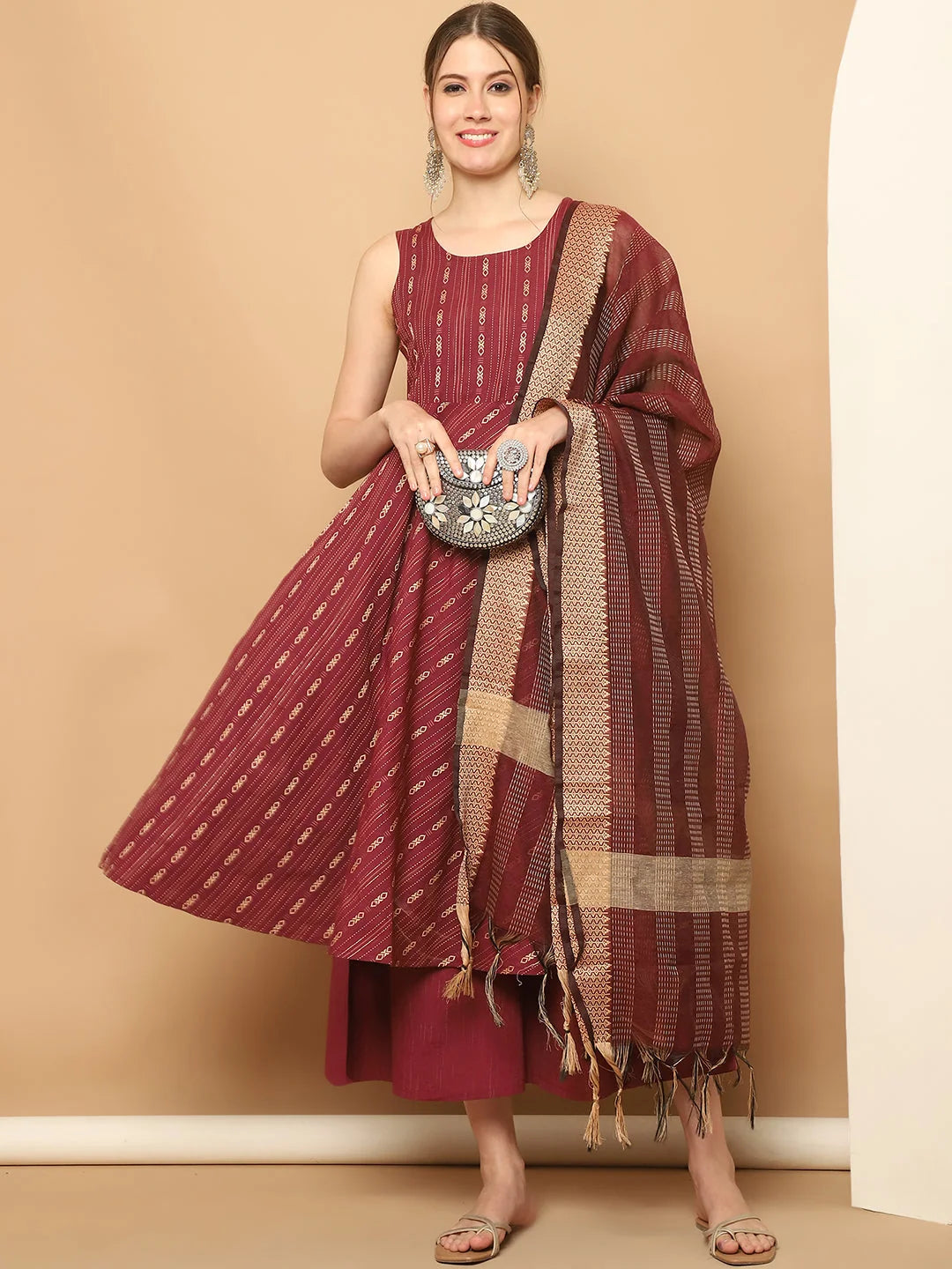 Maroon Kantha Anarkali Kurta Set | Indian Anarkali Kurta