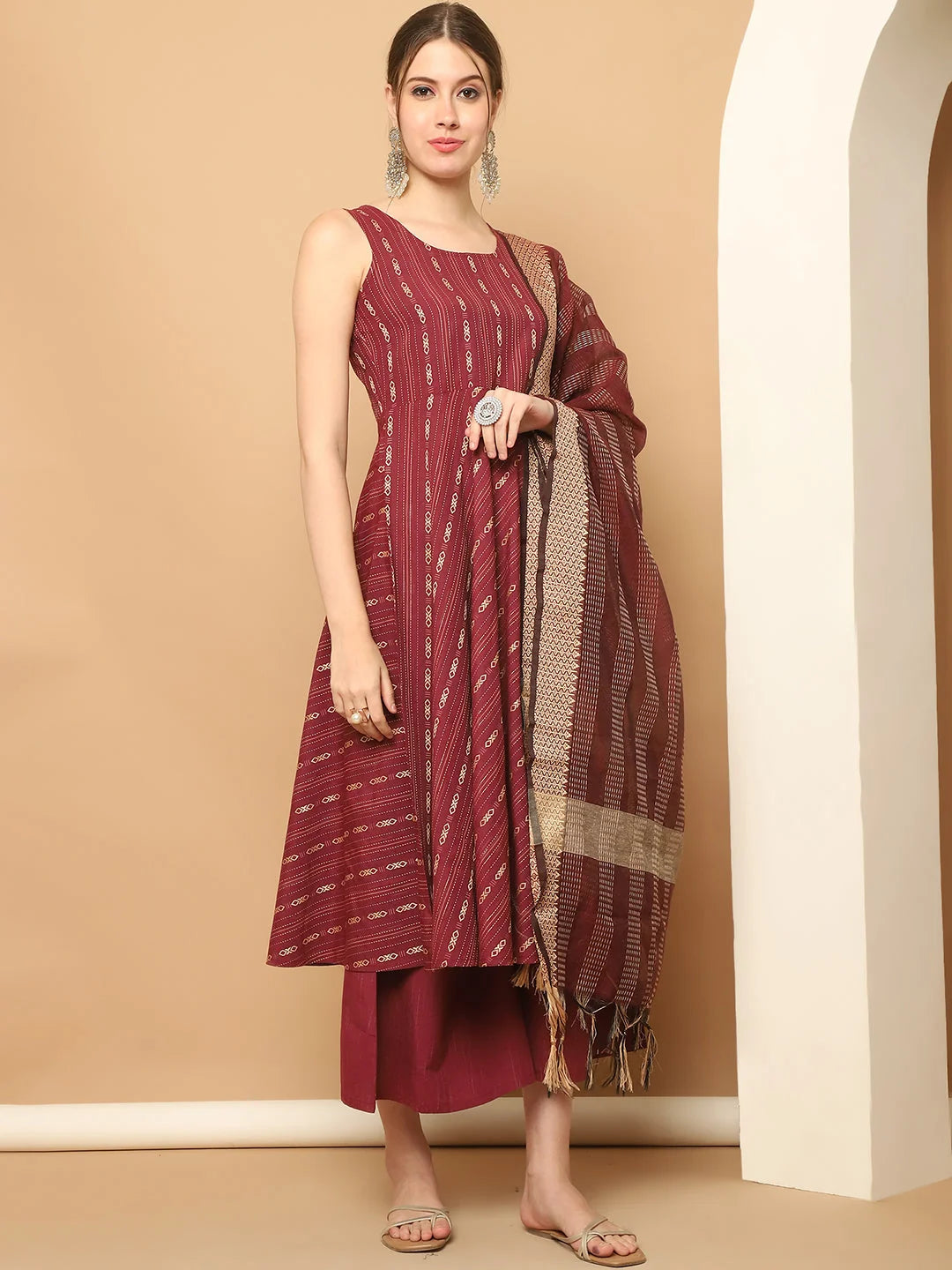 Maroon Kantha Anarkali Kurta Set | Indian Anarkali Kurta
