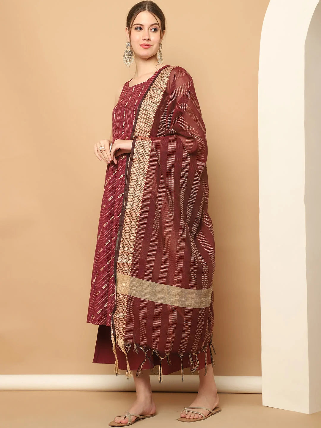 Maroon Kantha Anarkali Kurta Set | Indian Anarkali Kurta