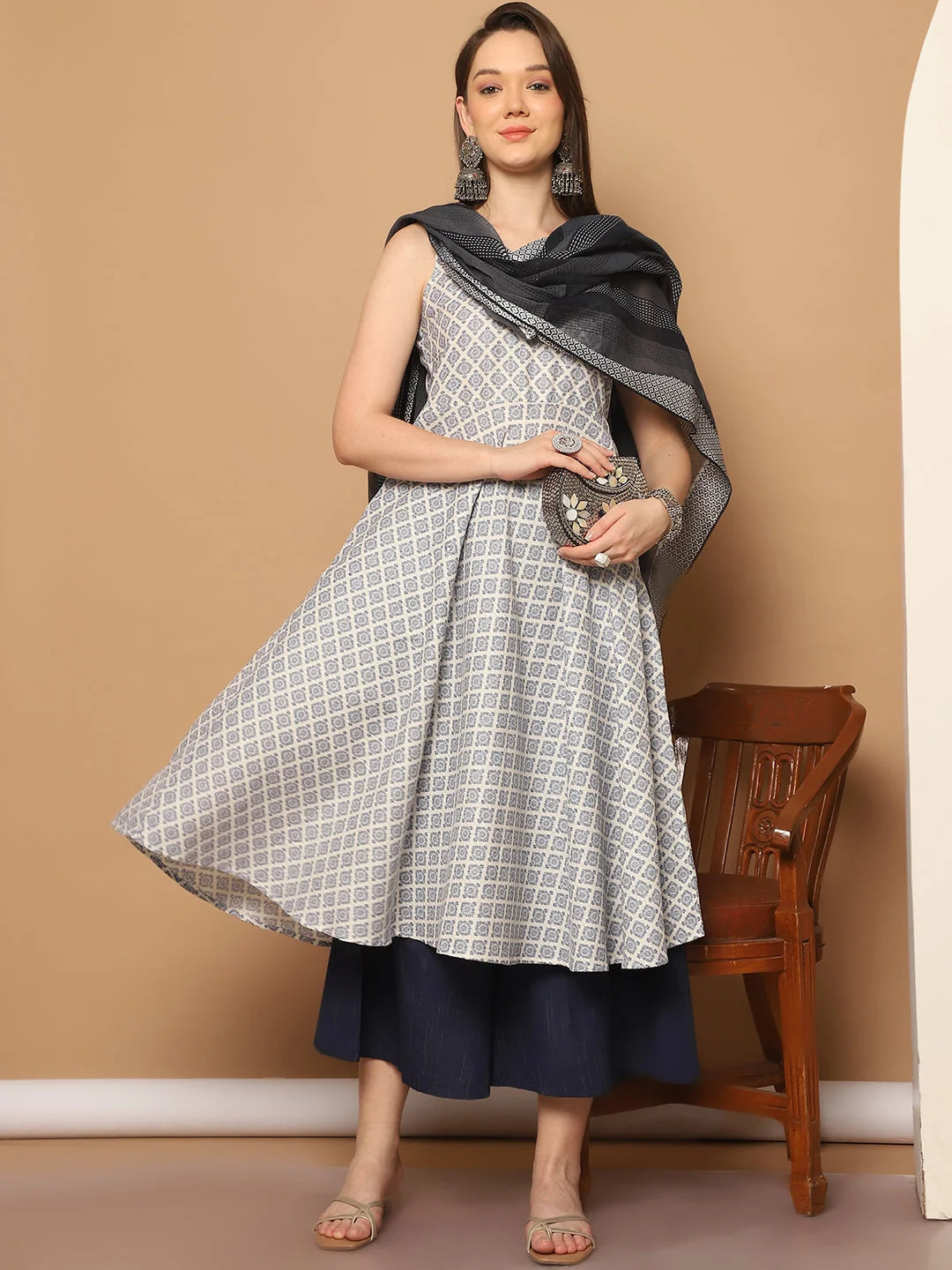 Navy Blue Printed Anarkali Kurta Set | Indian Kurta For Women