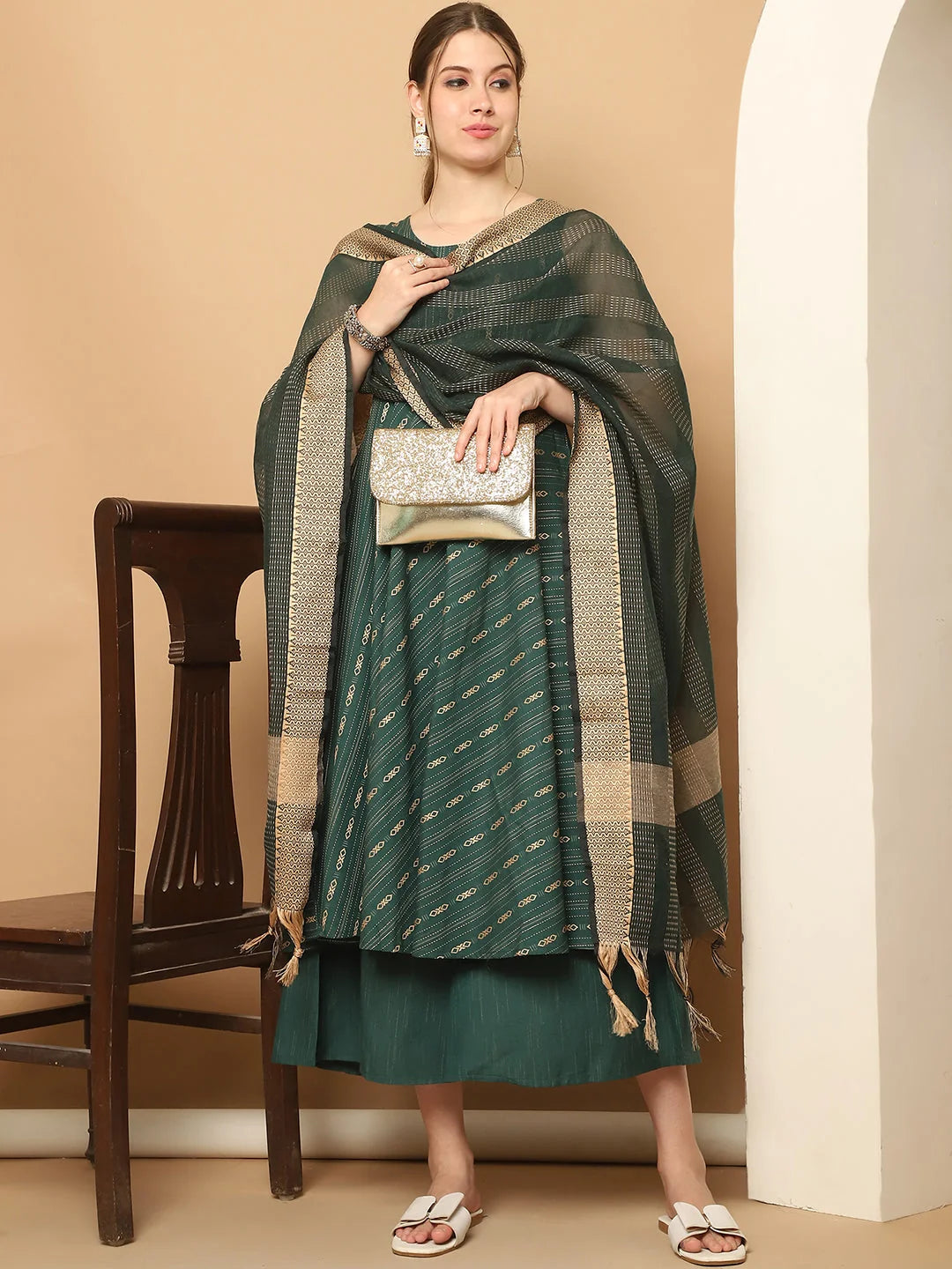 Green Kantha Anarkali Kurta Set | Anarkali Kurta for Women