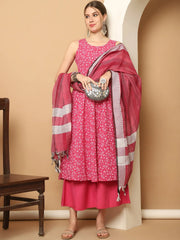 Printed pink flared kurta pallazos dupatta set ( JOKPL D61P 1565 Pink )