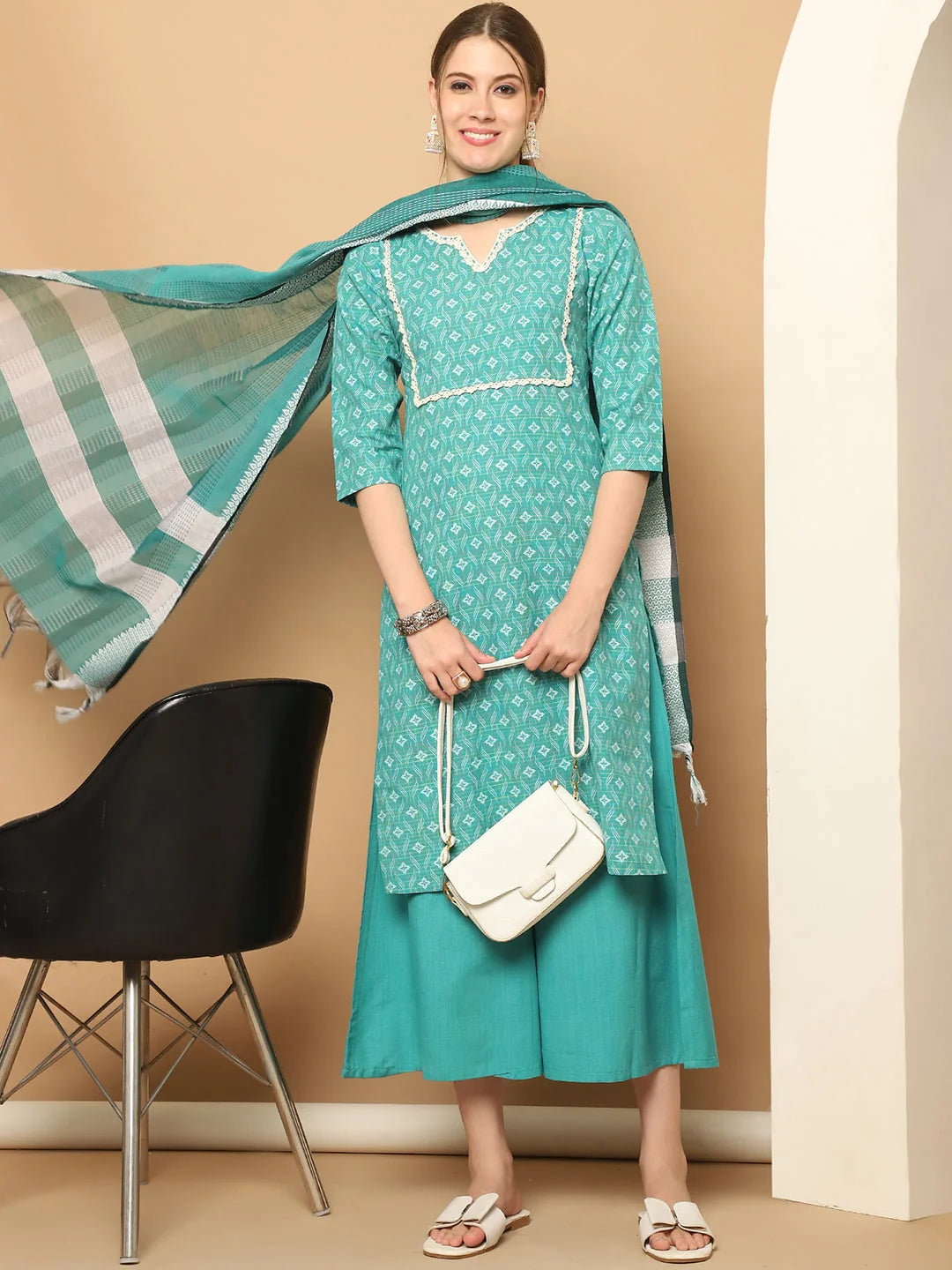 Green Printed Kurta Palazzo Set with Lace - Women's Palazzo Sets