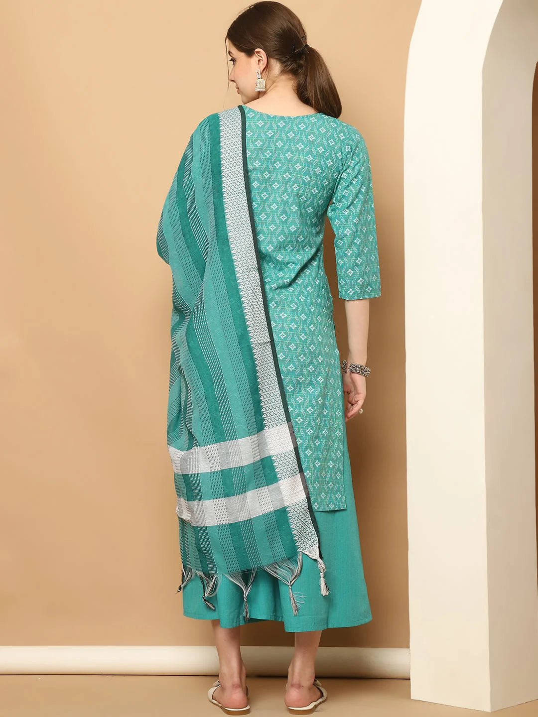 Green Printed Kurta Palazzo Set with Lace - Women's Palazzo Sets