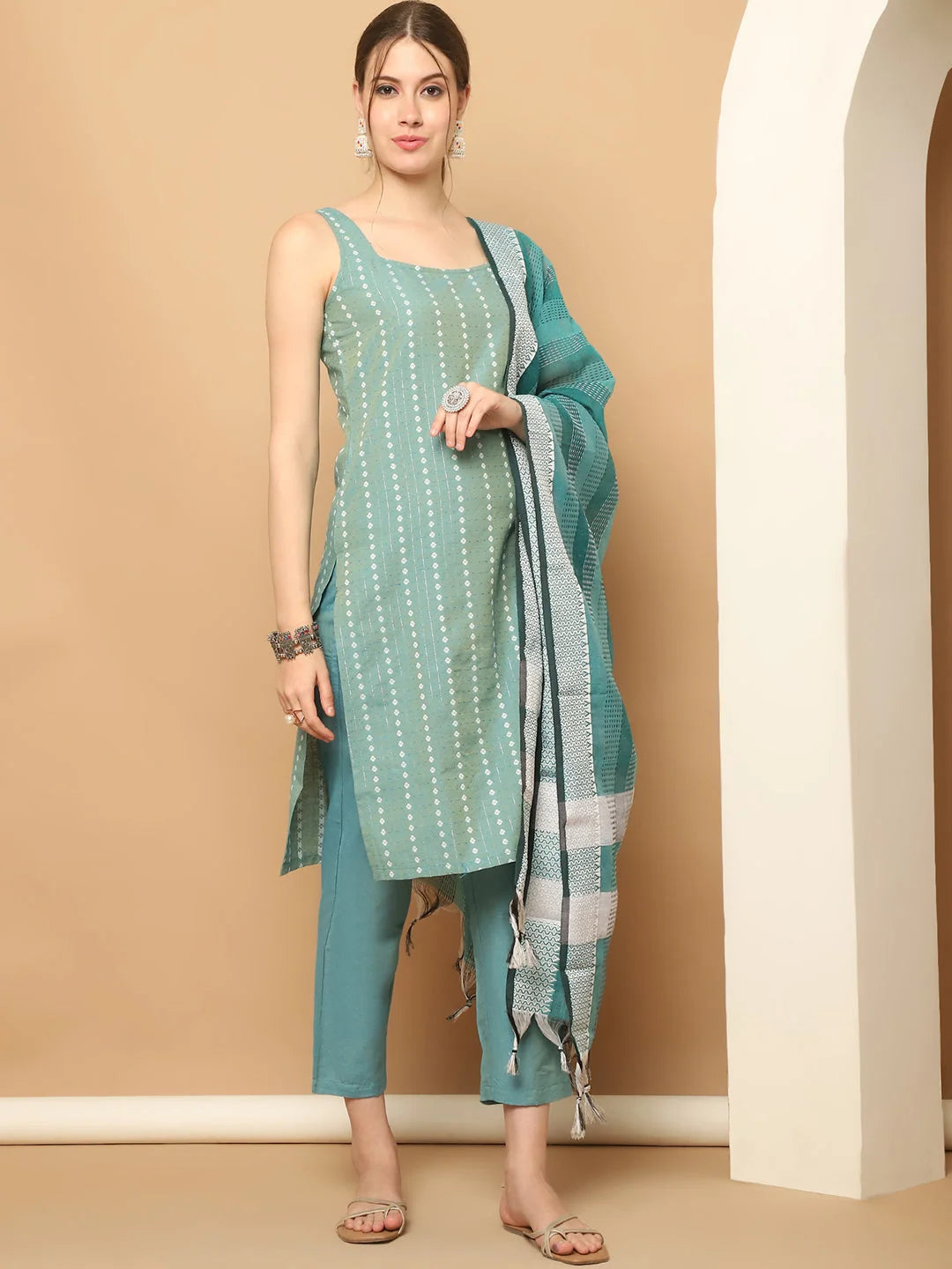 Green Dobby Kurta Palazzo Set | Women's Palazzo Sets