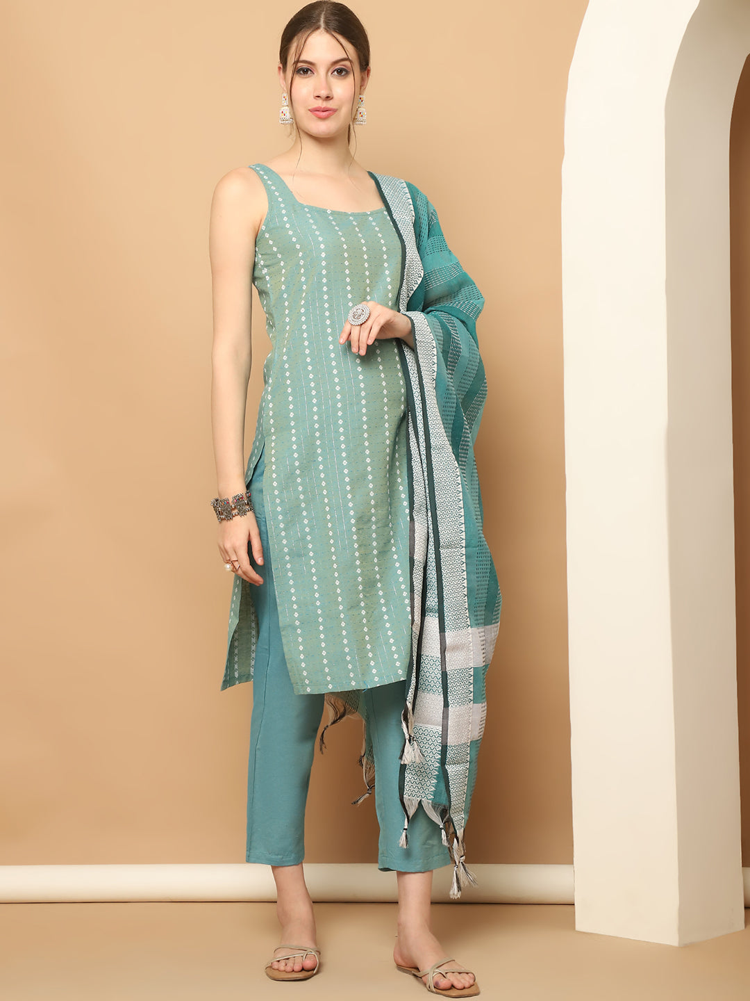 Green Dobby Kurta Palazzo Set | Women's Palazzo Sets