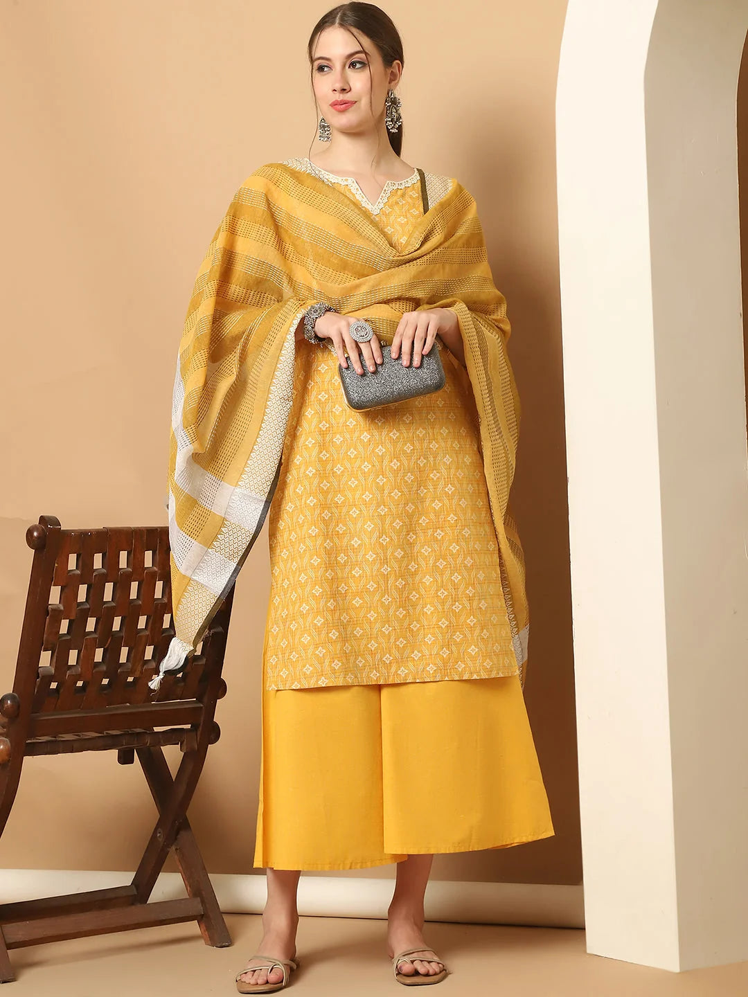 Yellow Printed Kurta Palazzo Set with Lace - Palazzo Pants Set