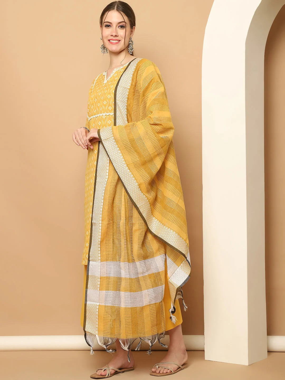 Yellow Printed Kurta Palazzo Set with Lace - Palazzo Pants Set