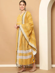 Printed yellow kurta with lace work, pallazos dupatta set ( JOKPL D61Y 1562 Yellow )