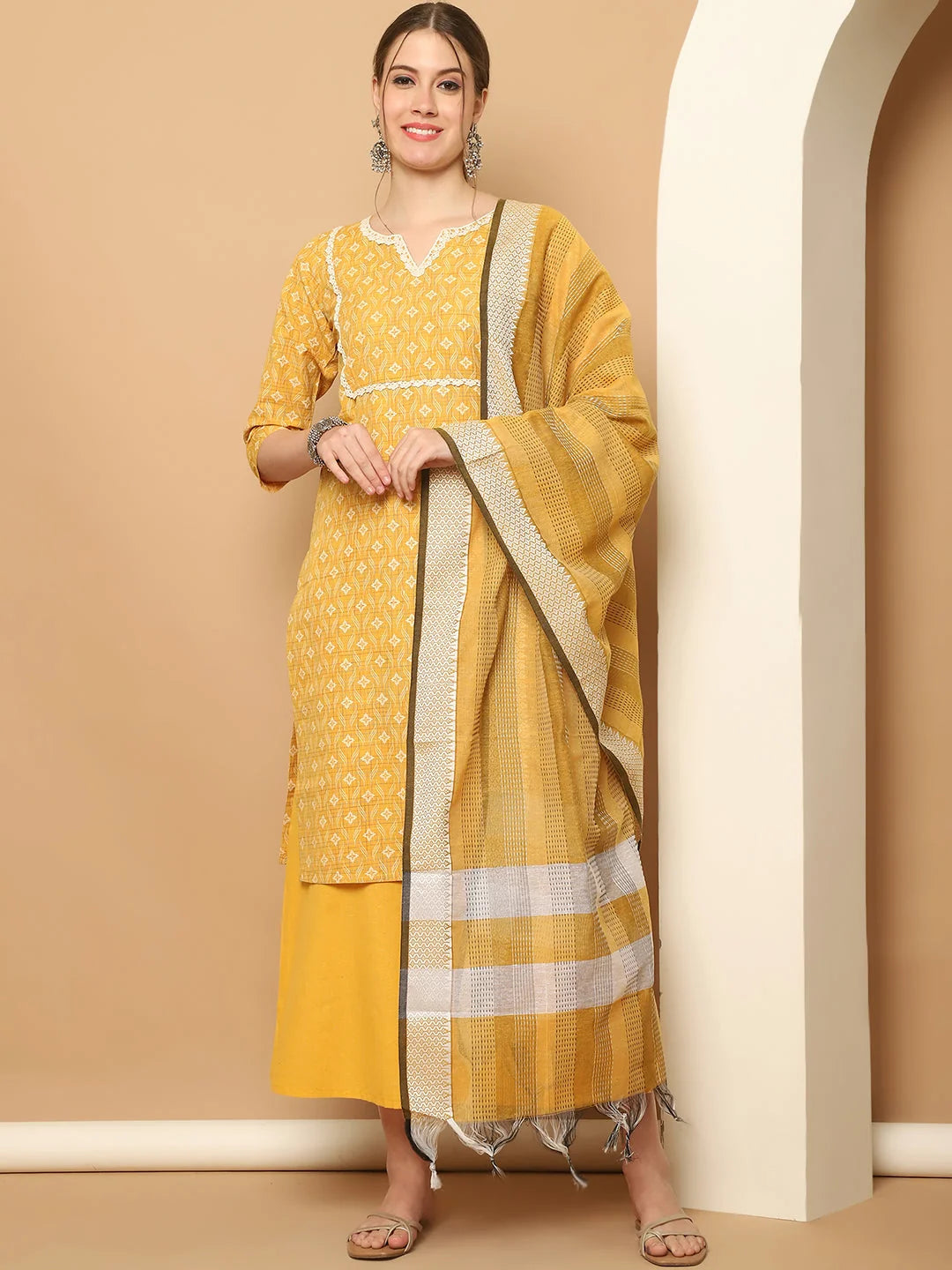 Yellow Printed Kurta Palazzo Set with Lace - Palazzo Pants Set