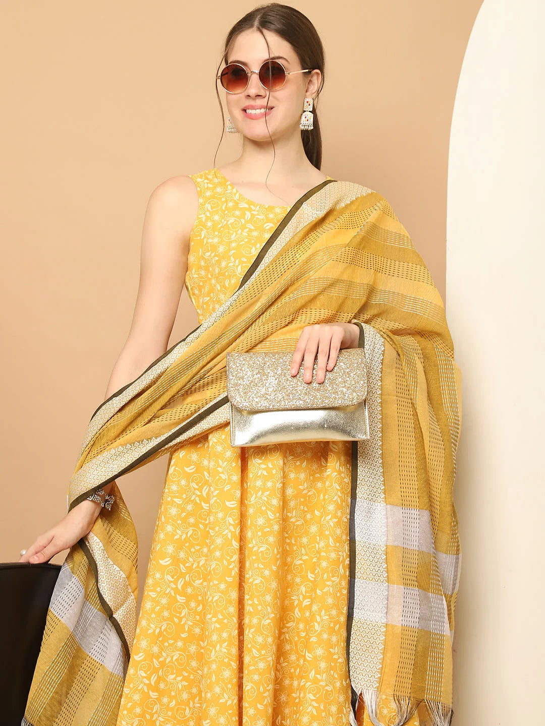Yellow Printed Anarkali Kurta Set - Cotton Kurta for Women