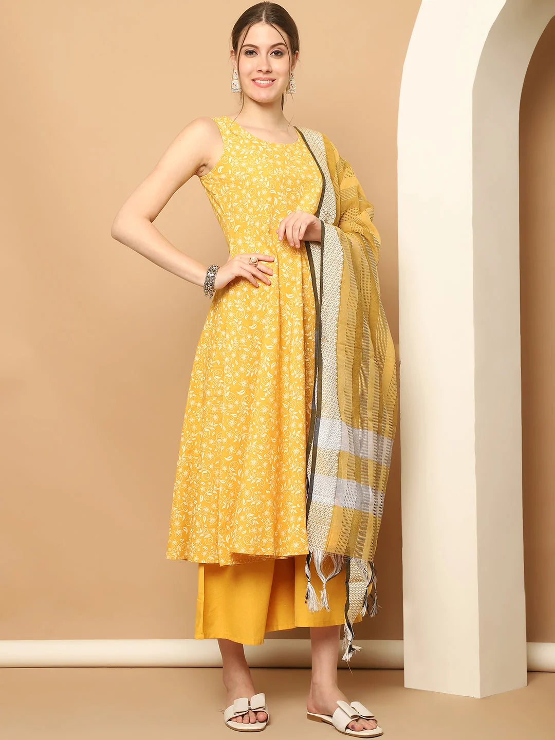 Yellow Printed Anarkali Kurta Set - Cotton Kurta for Women